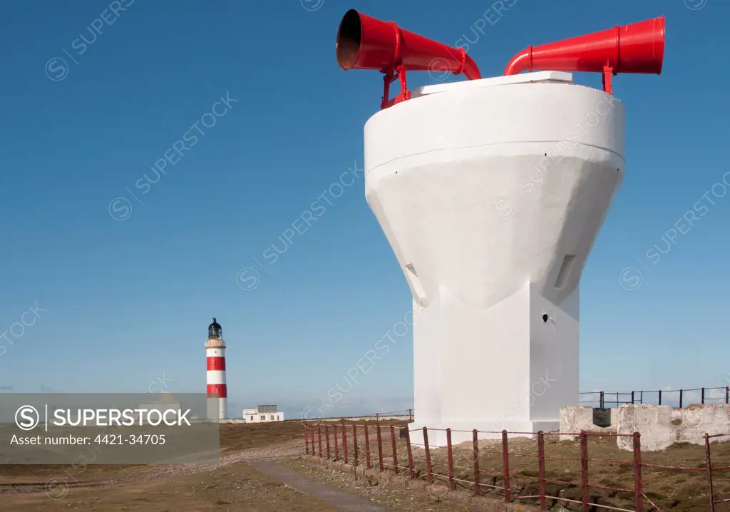 View of coastal fog signal and lighthouse, Point of Ayre Lighthouse, Point of Ayre, Isle of Man, august
