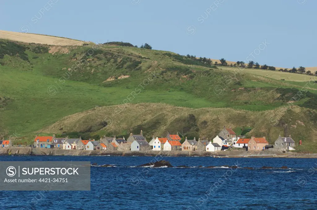 View of coastal fishing village, Crovie, Banffshire, Aberdeenshire, Scotland