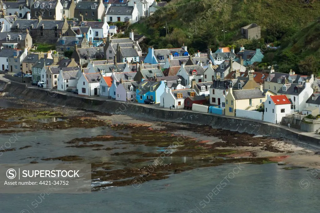 View of coastal fishing village, Gardenstown, Banffshire, Aberdeenshire, Scotland
