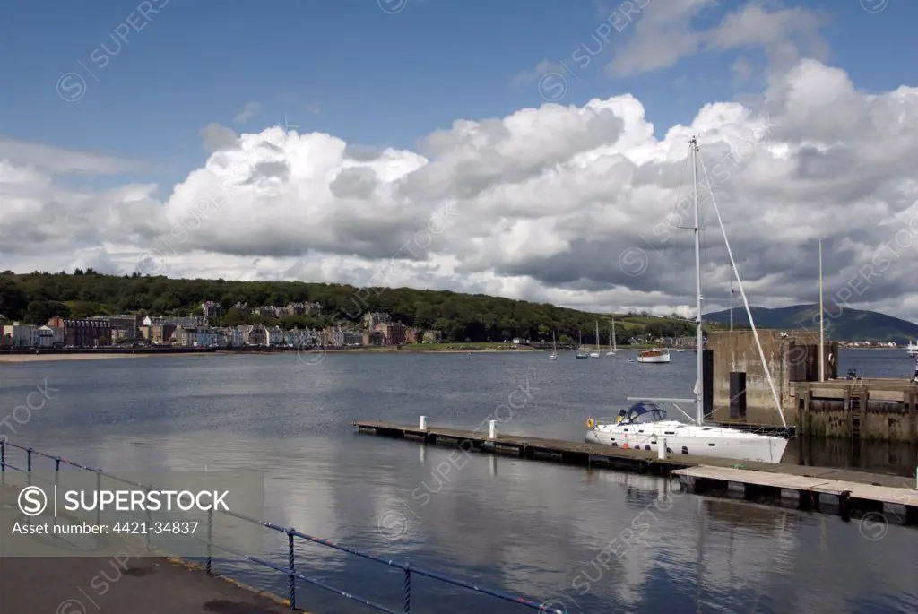View of jetty and coastal town, Rothesay, Isle of Bute, Argyll and Bute, Scotland, july