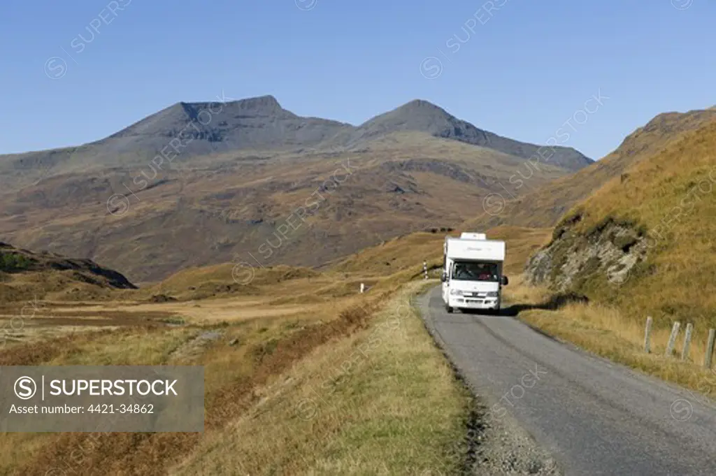 Motorhome on single track road, Glen More, Isle of Mull, Inner Hebrides, Scotland