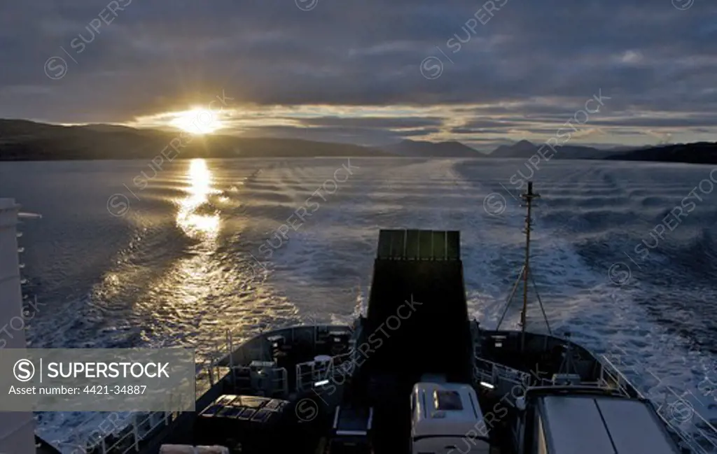 Ferry at sunrise, Calmac Ferry, Sound of Mull, Coll, Inner Hebrides, Scotland, winter