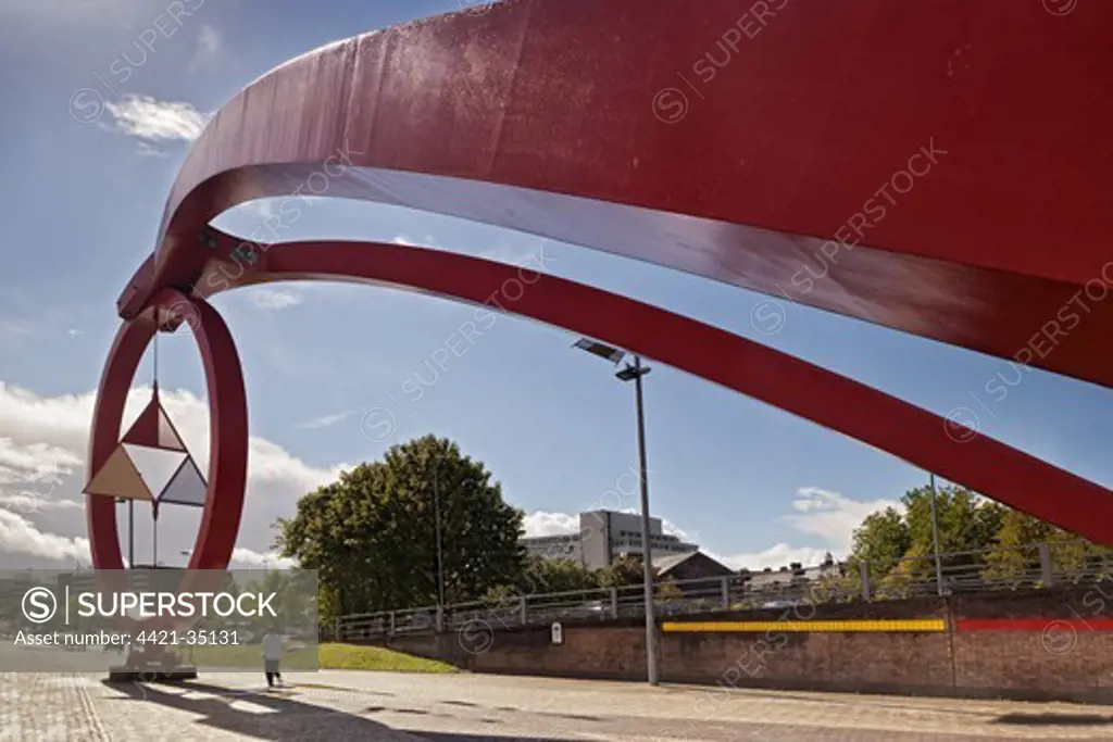 Steel sculpture on waterfront, 'The Wave', River Usk, Newport, South Wales, Wales, september