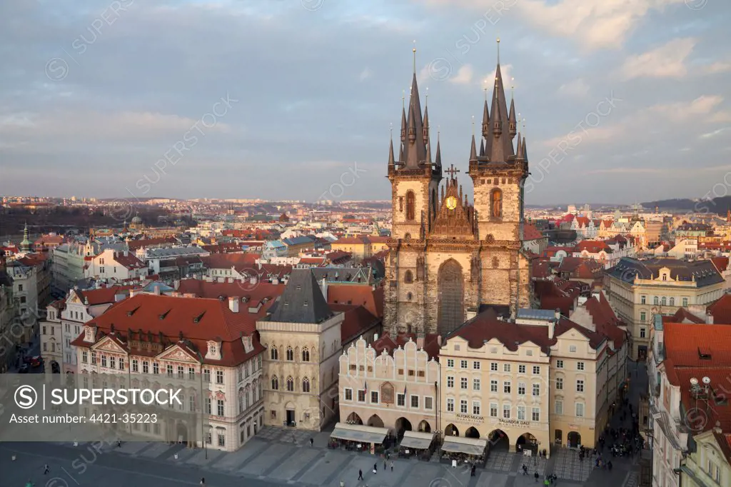 View of church and city square, Tyn Church, Old Town, Prague, Czech Republic, march