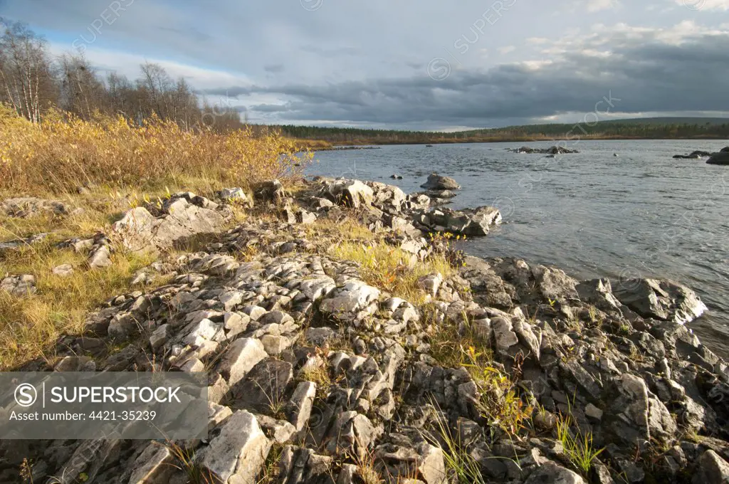 Rocks at edge of river, River Konkamaeno, Lapland, Northwest Finland, september