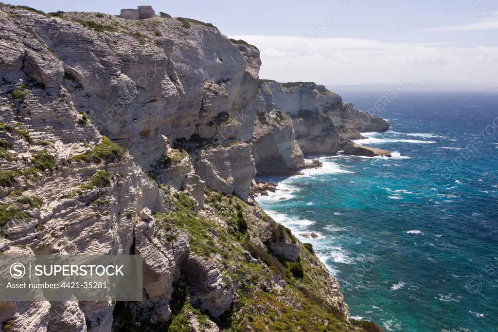 View of dramatic limestone sea cliffs, on southwestern coast, Bonifacio, Corsica, France