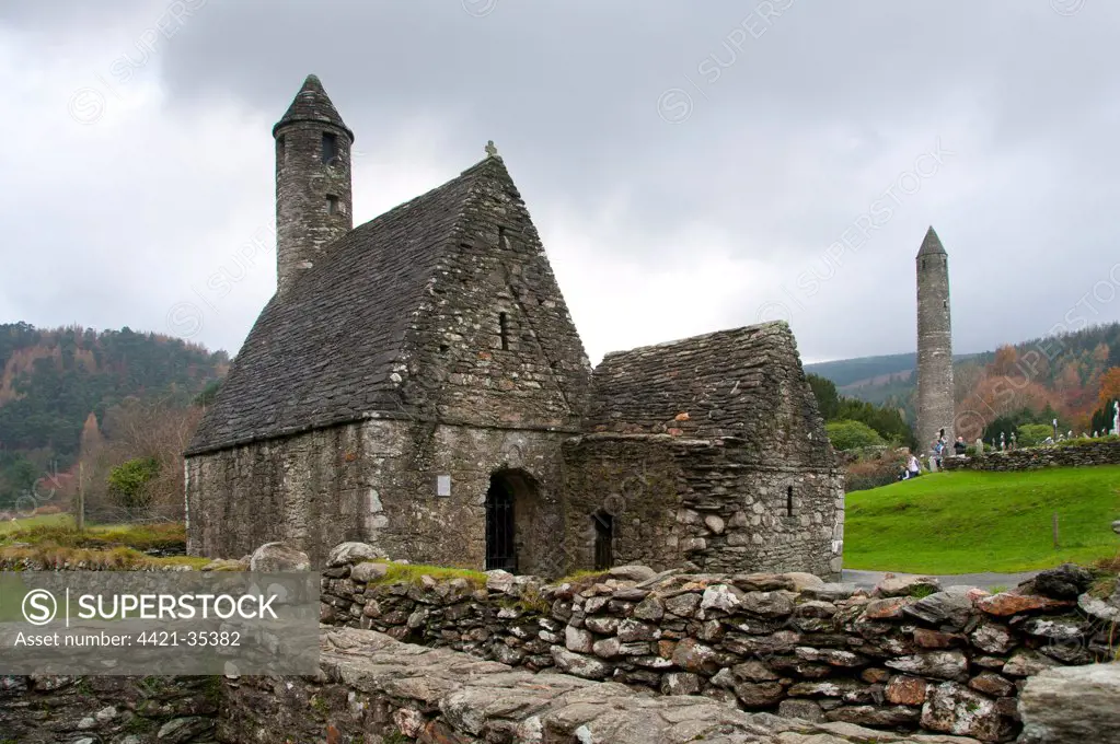 Early Medieval monastic buildings, St. Kevin's Church and Round Tower, Glendalough Monastic Site, Wicklow Way Walking Route, Glendalough Valley, Wicklow Mountains N.P., County Wicklow, Ireland, november