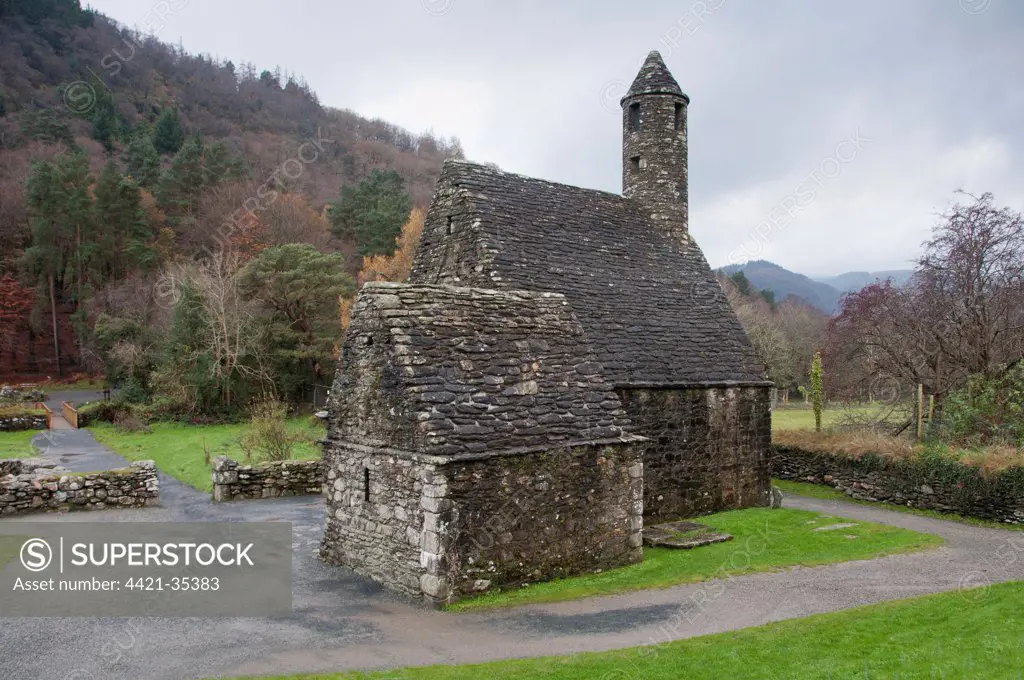 Early Medieval monastic building, St. Kevin's Church, Glendalough Monastic Site, Wicklow Way Walking Route, Glendalough Valley, Wicklow Mountains N.P., County Wicklow, Ireland, november