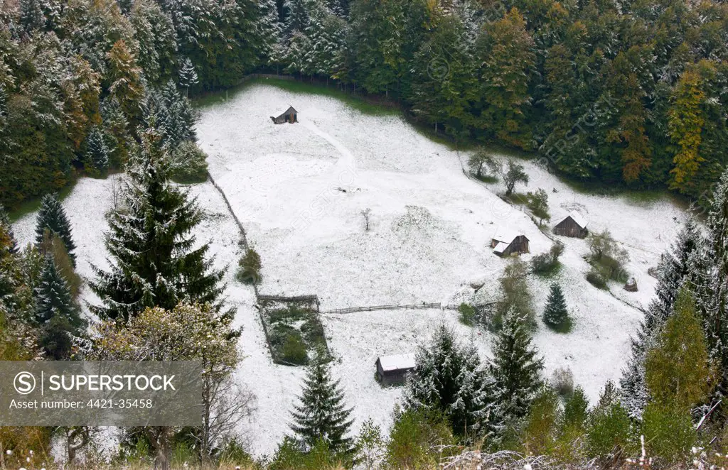 View of traditional farmland with small fields and barns, on mountain slopes covered with snow, Piatra Craiulu N.P., Piatra Craiulu Mountains, Southern Carpathians, Romania, october
