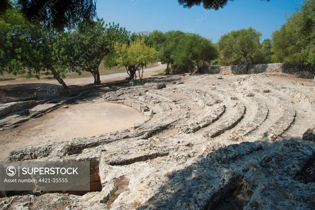 Ruins of Roman city amphitheatre, Pollentia, Alcudia, Majorca, Balearic Islands, Spain, September