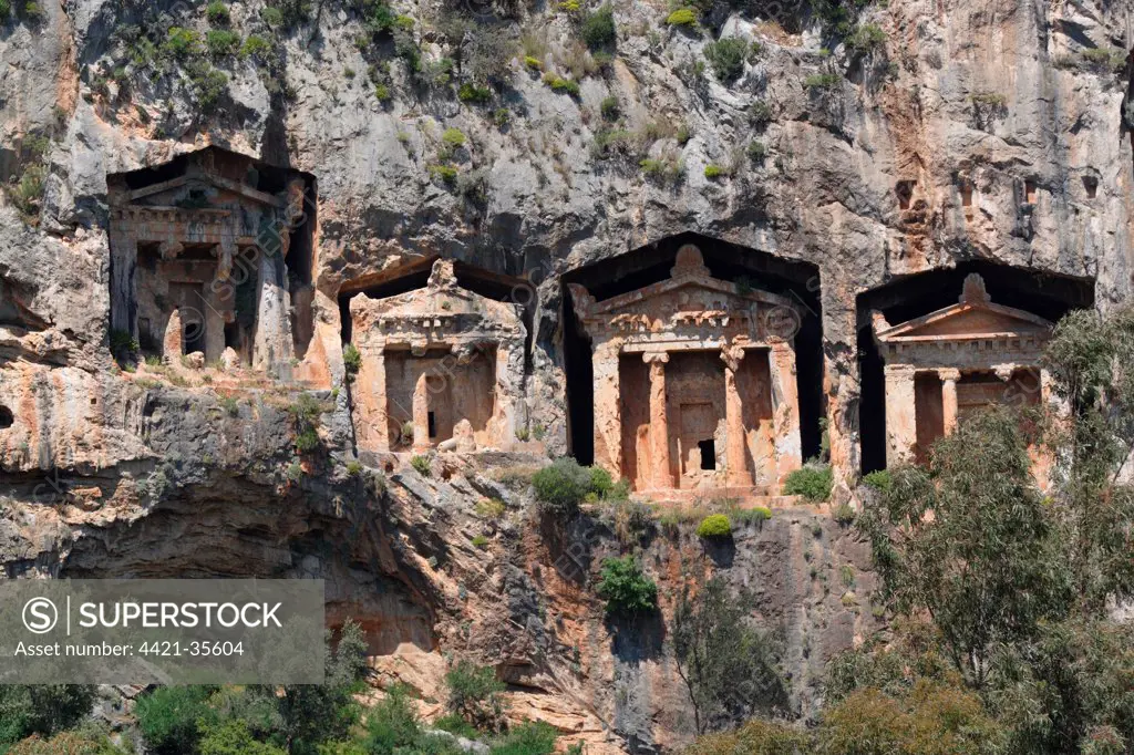 Lycian rock tombs (circa 400 BC) carved in cliff, Dalyan River, Mugla Province, Turkey, april