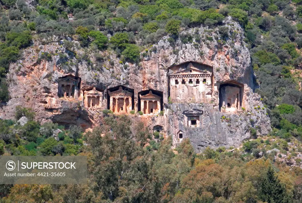 Lycian rock tombs (circa 400 BC) carved in cliff, Dalyan River, Mugla Province, Turkey, april