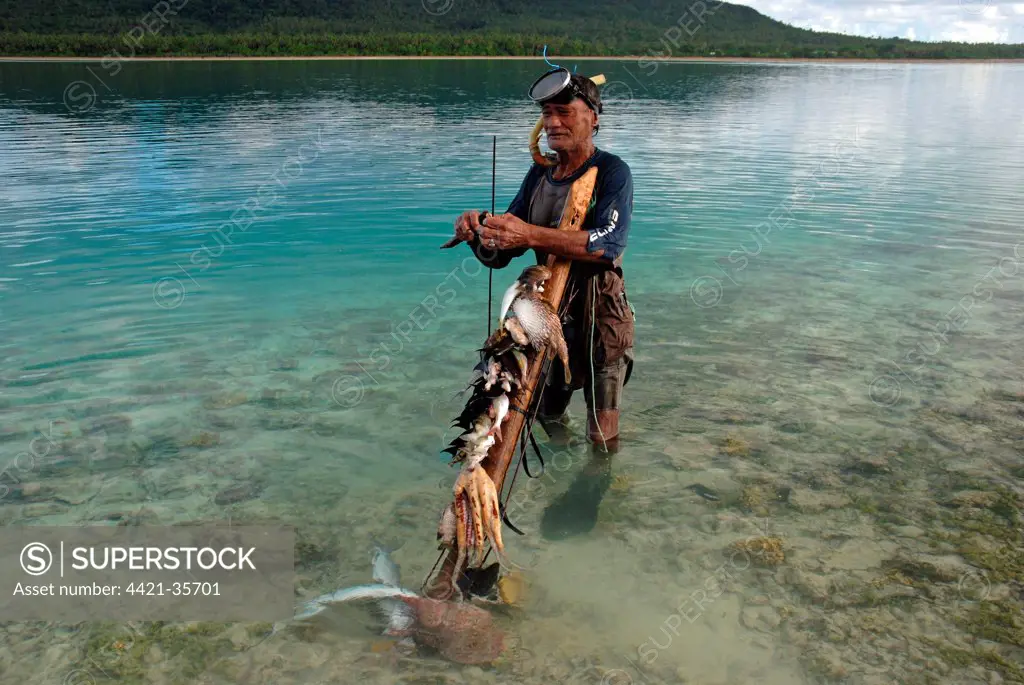 Spearfisherman, standing in sea with catch of reef octopus, porcupinefish and surgeonfish, Hakautu'utu'u Islet, Niuatoputapu Island, Tonga