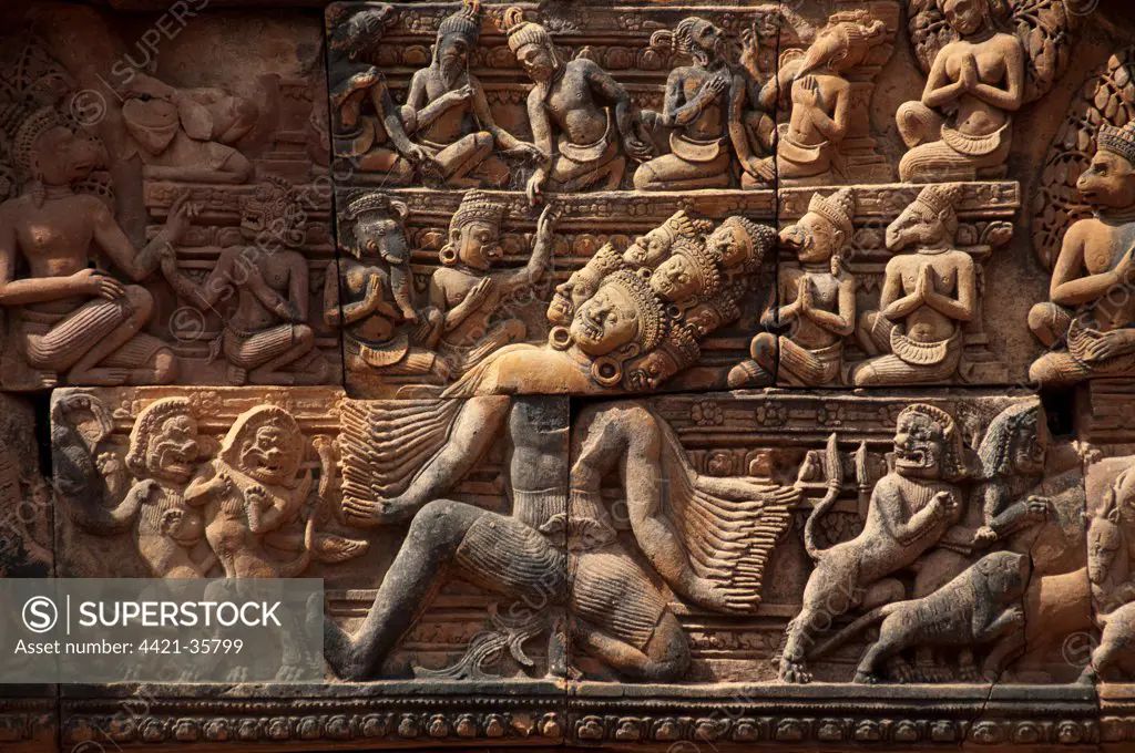 Bas-relief of Ravana shaking Kalisa Mountain in Khmer Hindu temple, Banteay Srei, Angkor, Siem Riep, Cambodia