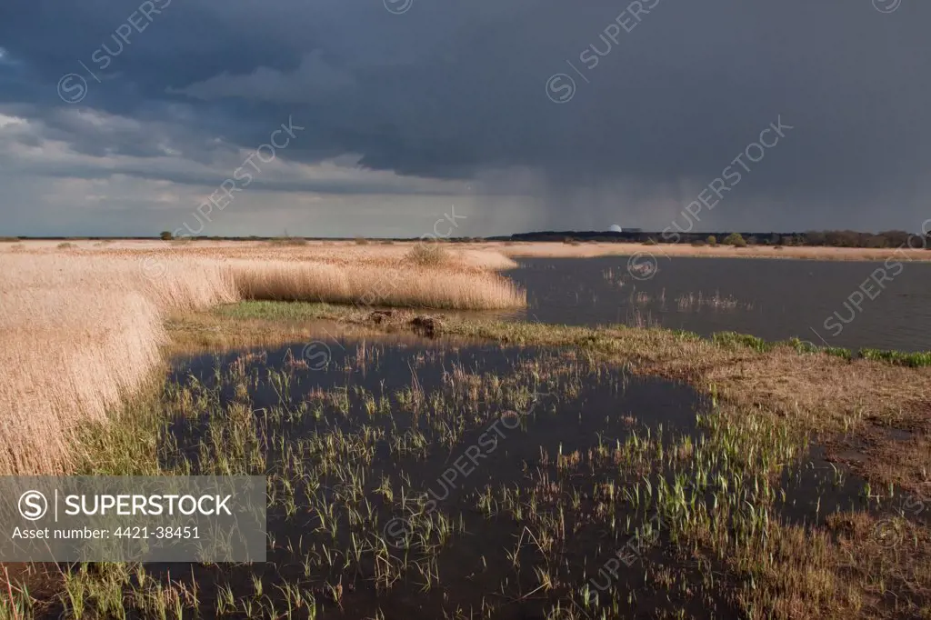 Looking south over storm clouds from Island Mere Hide at RSPB Minsmere.  Sizewell Nuclear power station in far distance.