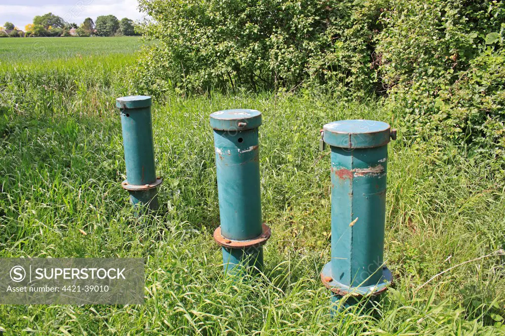 Groundwater observation tubes in valley fen, Old Fen, Thelnetham Fen, Little Ouse Valley, Suffolk, England, may