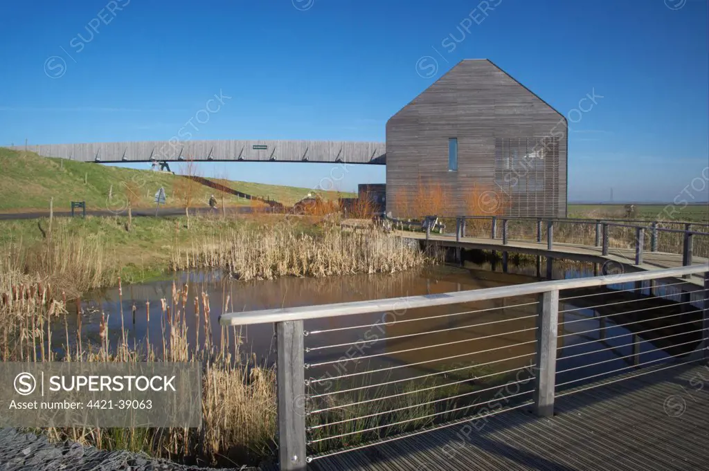 Boardwalk and visitor centre, Welney W.W.T. Reserve, Ouse Washes, Norfolk, England, winter