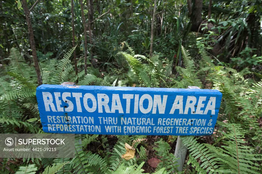 'Restoration Area' sign in forest, restoration through natural regeneration and reforestation with endemic forest tree species, Puerto Princesa Subterranean River N.P., Saint Paul Mountain Range, Palawan Island, Philippines