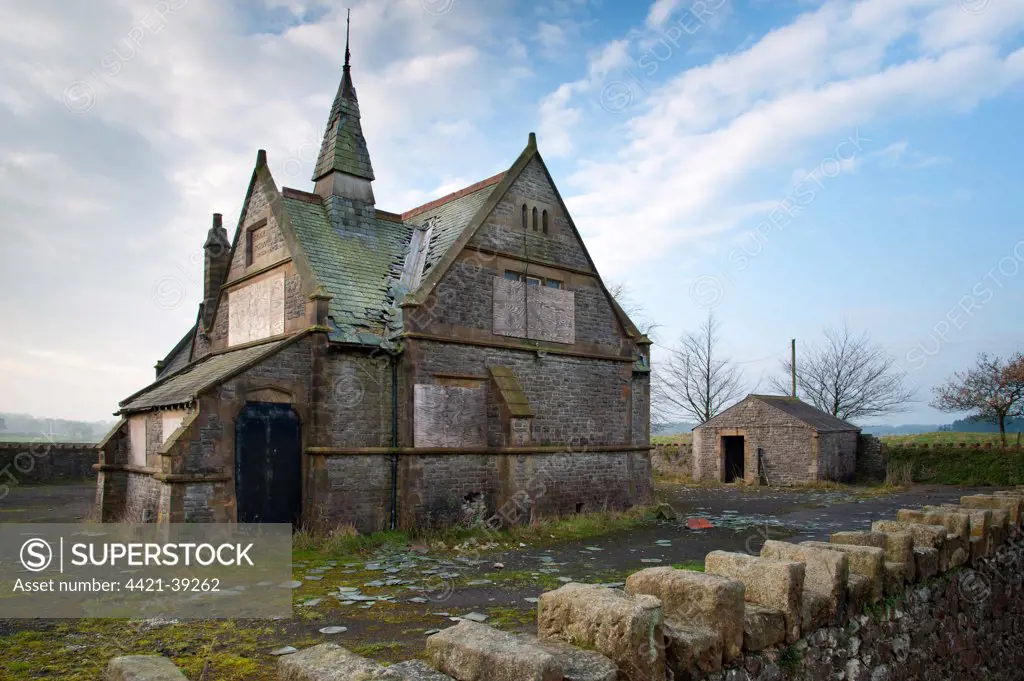 Disused village school with lead stolen from roof, Thornley School, Thornley with Wheatley, Longridge, Preston, Lancashire, England, november
