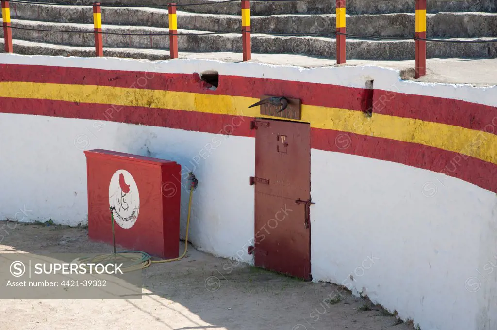 Bullfighting, 'Toriles' bull entrance gate into bullring, Plaza del Toros, Alcudia, Majorca, Balearic Islands, Spain, September