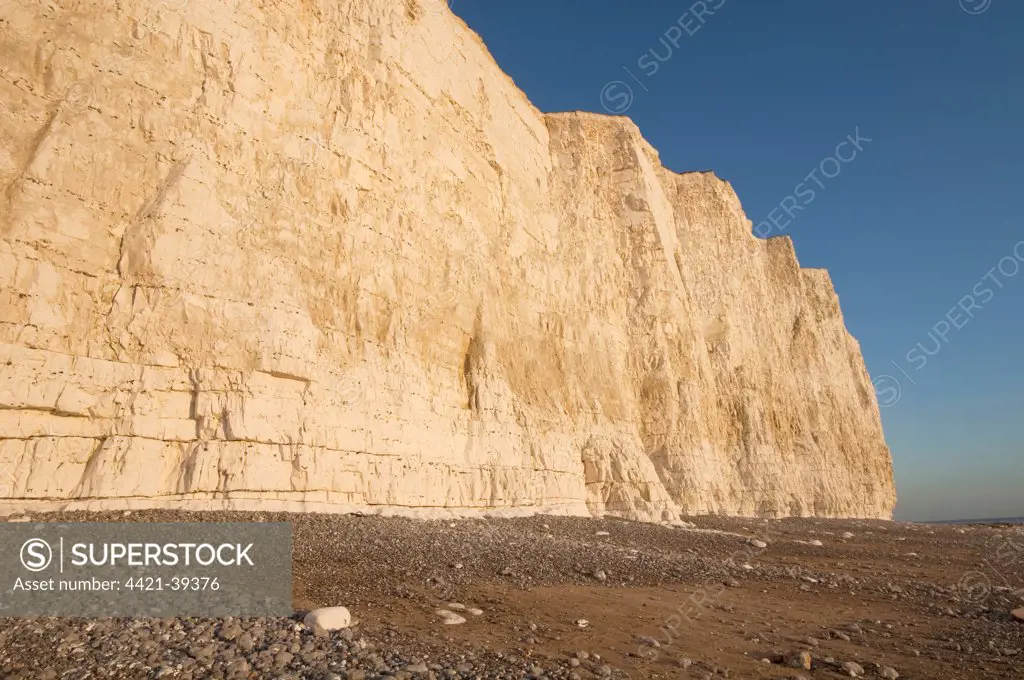 Coastal chalk cliffs and beach, Seven Sisters, East Sussex, England, winter