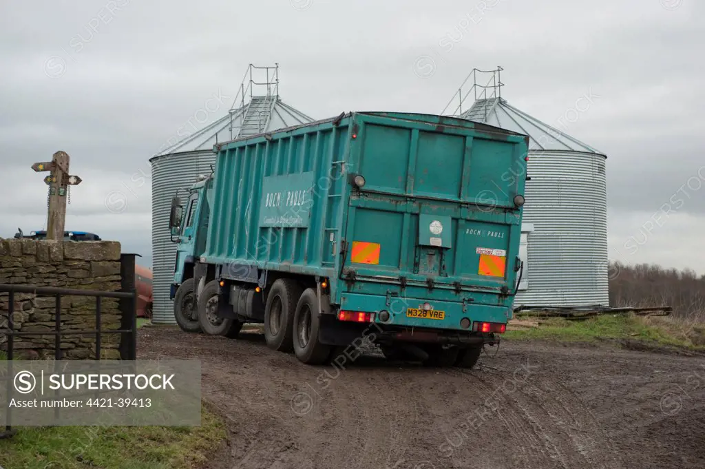 BOCM Pauls lorry delivering livestock feed to farm, England