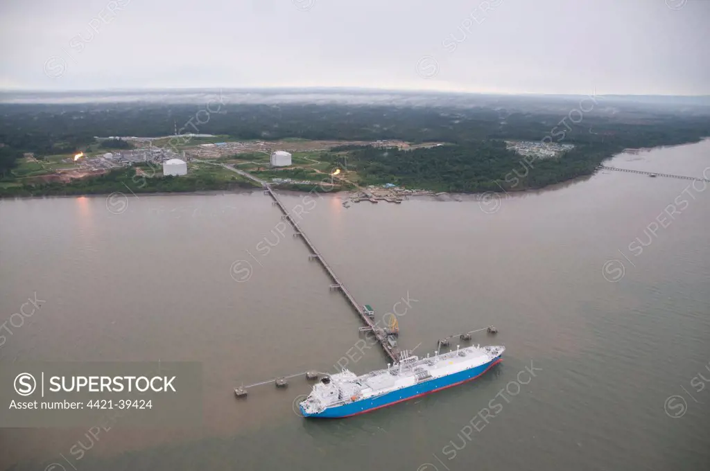 'Tangguh Foja' LNG tanker loading from Tangguh LNG (Liquified Natural Gas) Plant, Bintuni Bay, West Papua (Irian Jaya), Indonesia