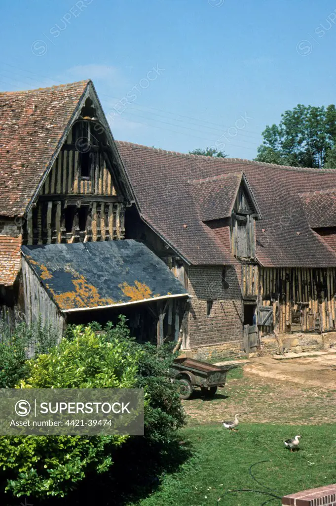 Traditional barn, unrestored with exposed beams on exterior and steep tiled roof, Normandy, France