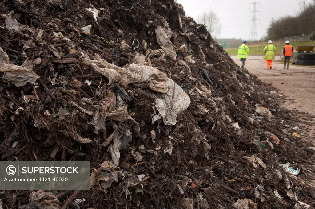Rubbish filtered from green compost waste at municipal waste site, near Chester, Cheshire, England, march