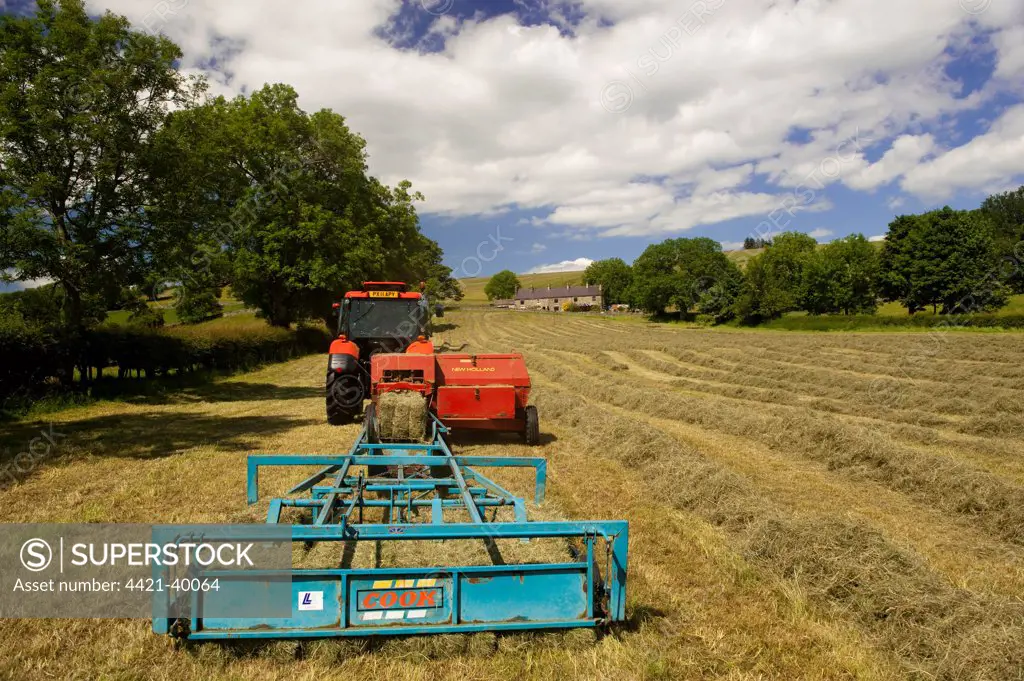Zetor Proxima 75 tractor with flat eight bale system, baling in traditional hay meadow, Upper Teesdale, County Durham, England, july