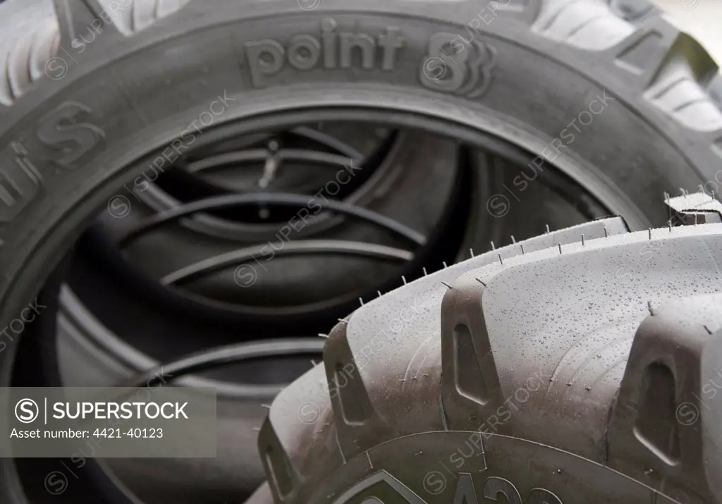 Close-up of new tractor tyres, England, june