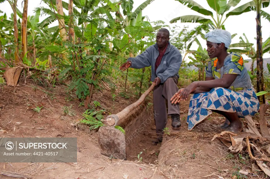 Lady farmer and advisor discussing irrigation ditches in banana grove, to help collect rainfall and prevent rapid soil erosion, Rwanda