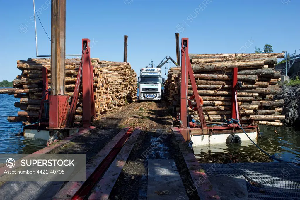 Lorry with grapple loading logs onto timber barge, Archipelago Sea, Baltic Sea, Sweden, june