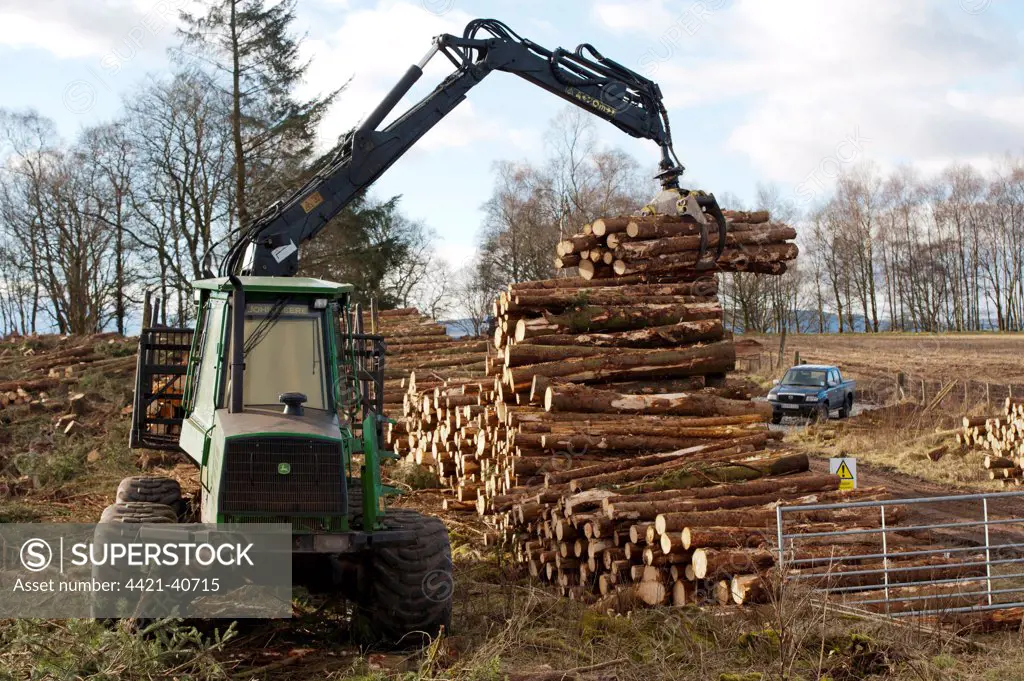 John Deere 1410D Forwarder stacking felled timber from pine plantation, Stirlingshire, Scotland, february
