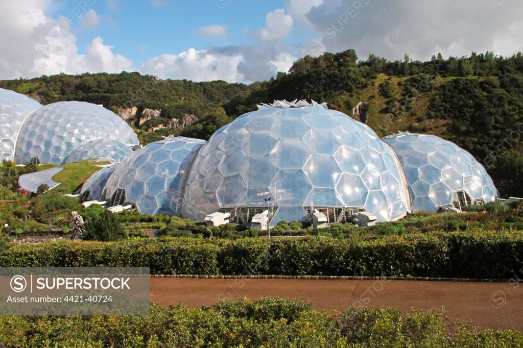 Exterior of biomes, Mediterranean Biome, Eden Project, Cornwall, England, august