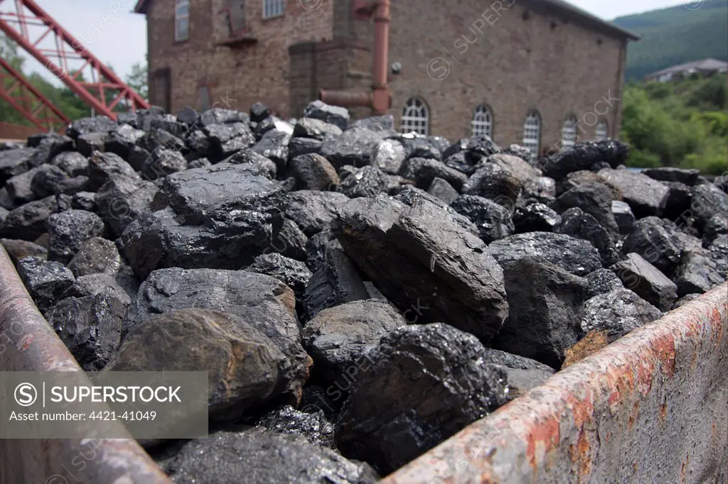Mined coal at colliery museum, Rhondda Heritage Park Museum, Trenafod, South Wales, june