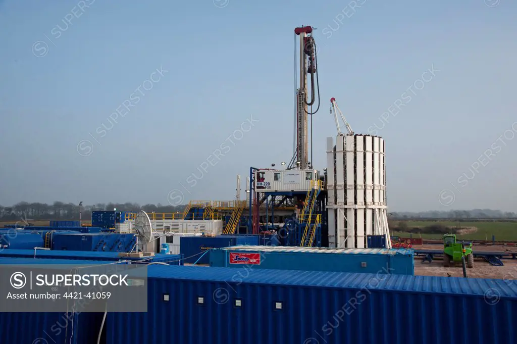 Cuadrilla shale gas drilling rig, drilling hole before service rig prepares for 'fracking', Singleton, Blackpool, Lancashire, England, march