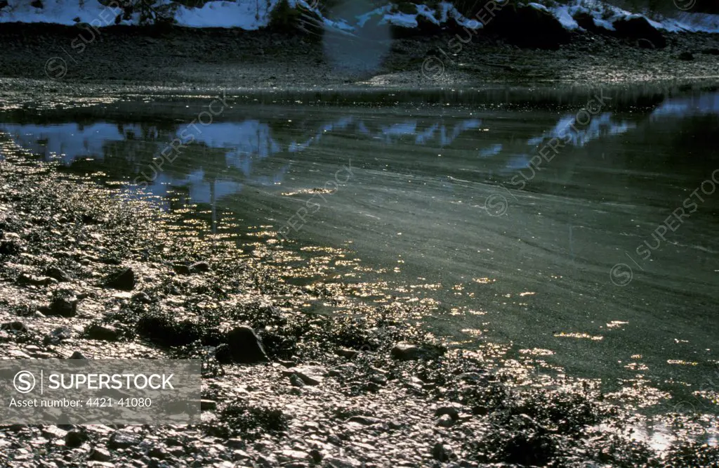 Oil covered water and coastline, following Exxon Valdez Disaster, Prince William Sound, Alaska, U.S.A.