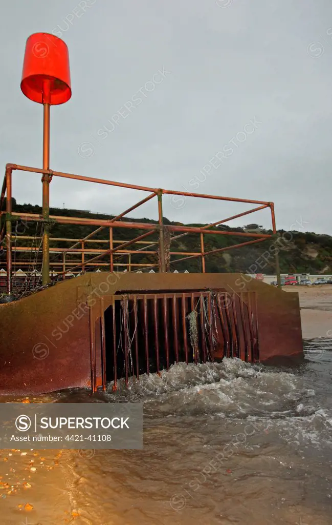 Combined sewer overflow (CSO), sanitary sewage and stormwater runoff discharged onto beach, Boscombe, Dorset, England, october
