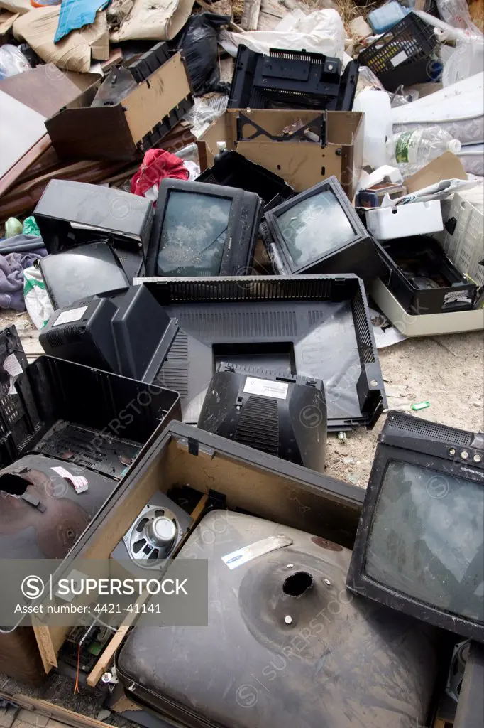 Pile of old televisions on dump, Spain, may