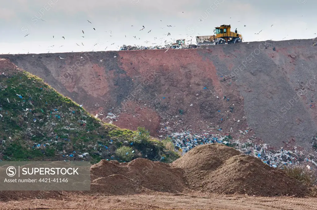 Compaction machines working on council rubbish tip, near Ellesmere, Cheshire, England, march
