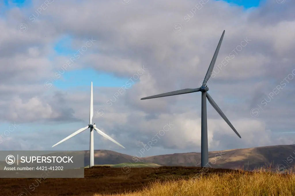 Wind turbines on windfarm in upland area, Lambrigg Wind Farm, Cumbria, England, autumn