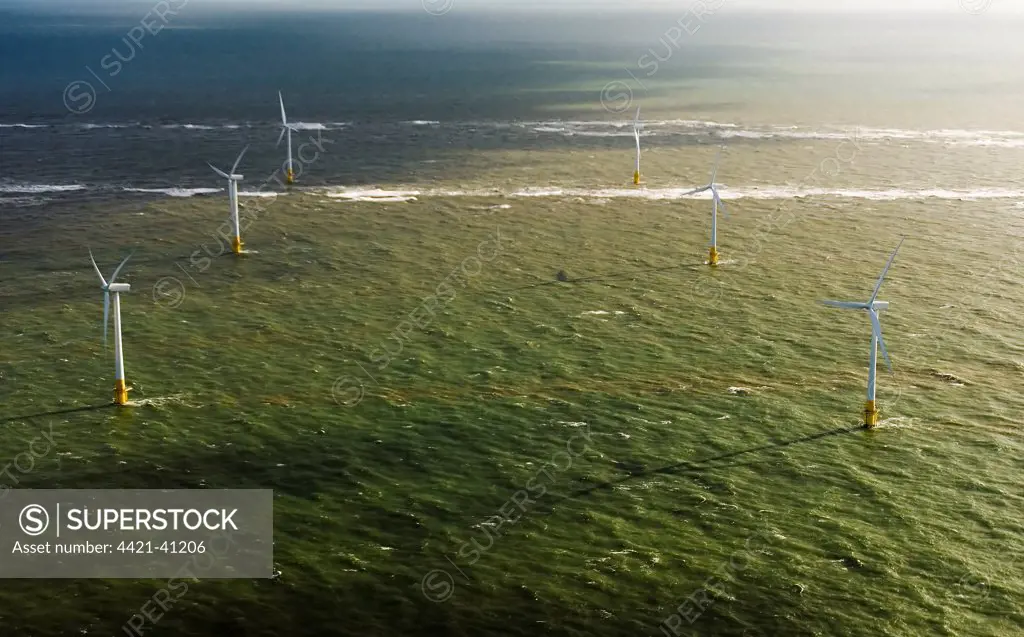 Aerial view of off-shore windfarm, wind turbines at sea, Scroby Sands, Great Yarmouth, Norfolk, England, october