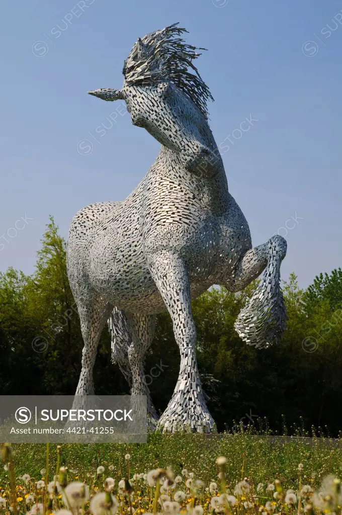 Metal sculpture of Gypsy Cob horse installed on roundabout, sculpted by Robert Scott, Belvedere, Bexley, Kent, England, april