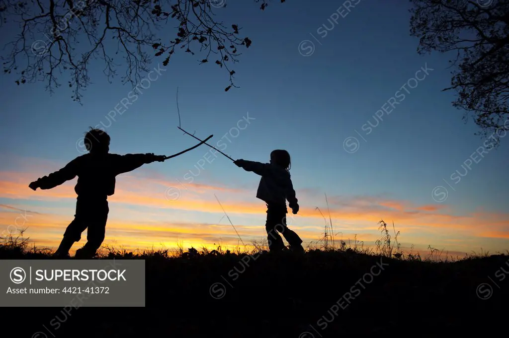 Young children playing, having stick fight at edge of woodland, silhouetted at sunset, Norfolk, England, december