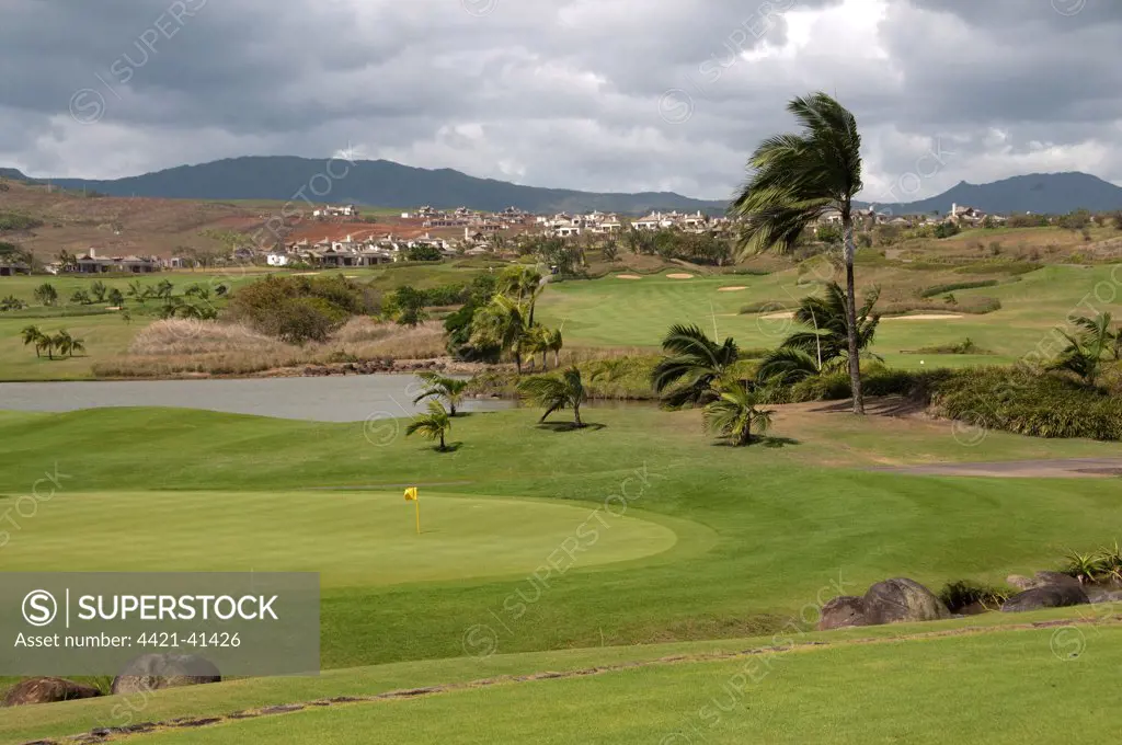 View of practice green on golf course, Le Telfair Hotel and Golf Course, Bel Ombre, Southwest Mauritius