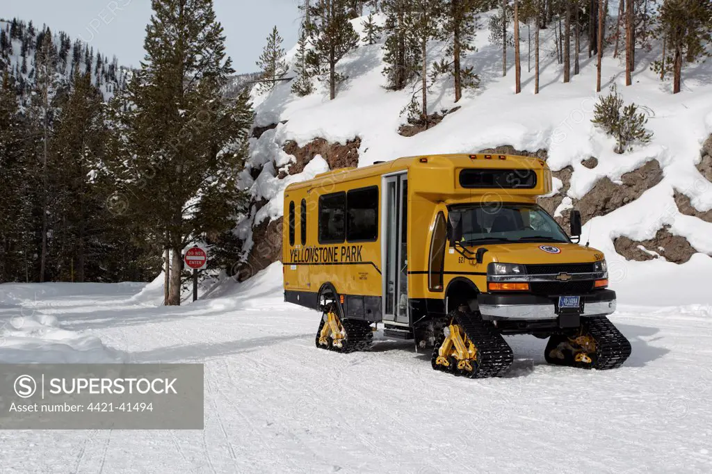 Snow vehicle used to access closed roads, Yellowstone N.P., Wyoming, U.S.A., february