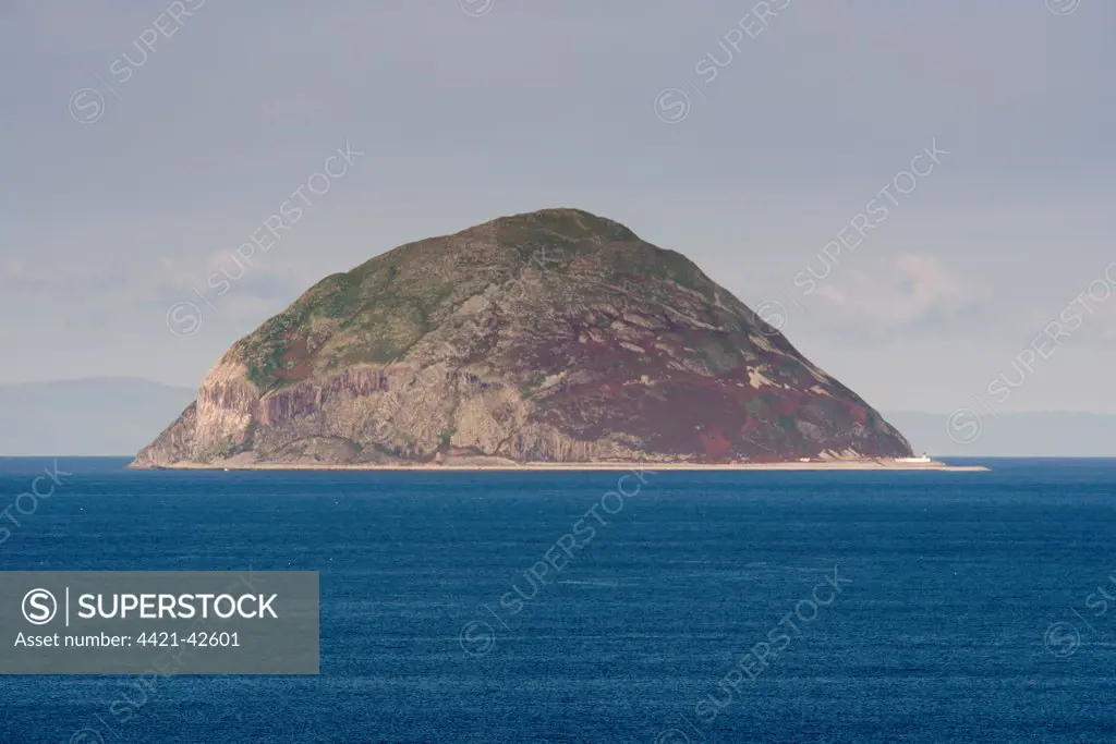 View of volcanic plug island and sea, viewed from Bennane Head, Ailsa Craig, Firth of Clyde, Ballantrae, Ayrshire, Scotland, October