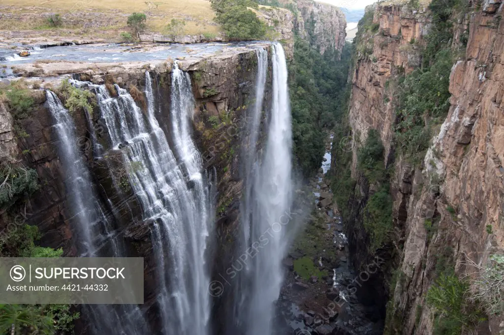 View of curtain type waterfall dropping into slot canyon, Magwa Falls, Magwa River, near Mbotyi, Pondoland, Eastern Cape (Transkei), South Africa, June