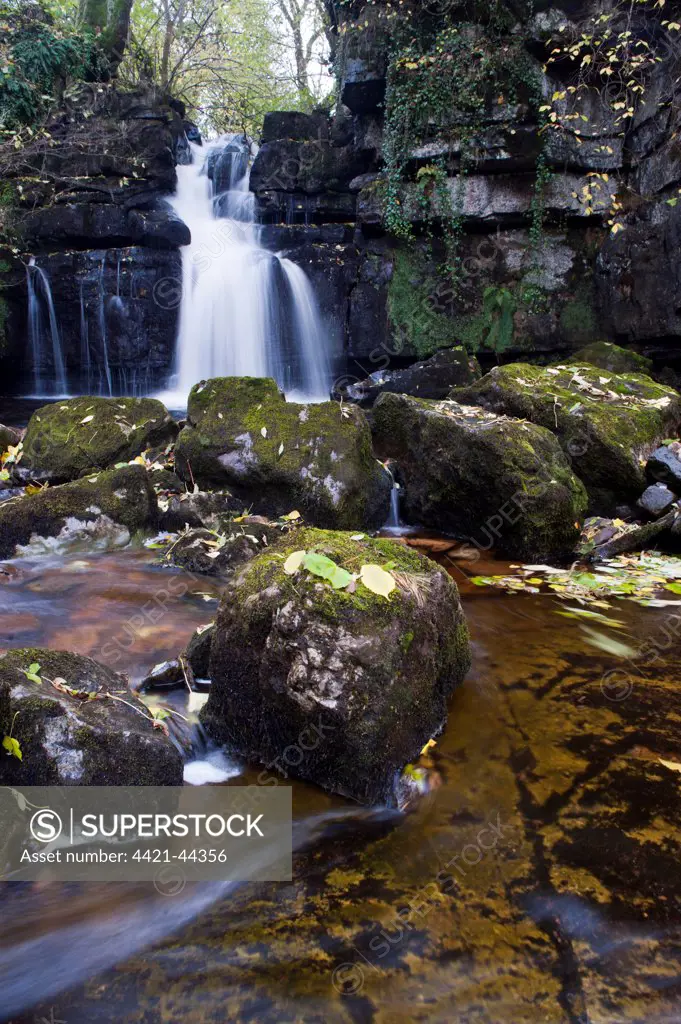 River, cascades and waterfall, Scar House Falls, between Thwaite and Muker, Swaledale, Yorkshire Dales N.P., North Yorkshire, England, November